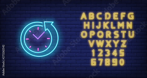 Clock with arrow neon sign. Round clock service advertisement design. Night bright neon sign, colorful billboard, light banner. Vector illustration in neon style.