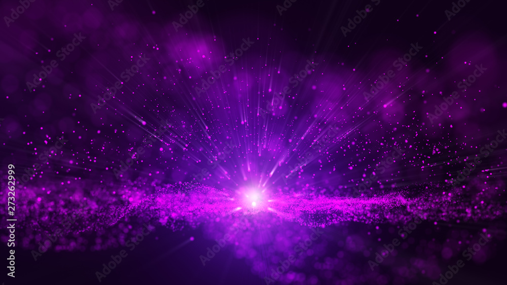 Glow purple dust particale glitter sparks abstract background for celebration with light beam and shine in center.