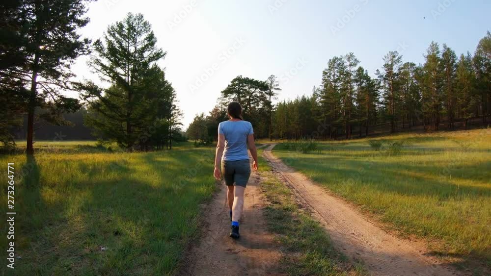 Girl walking on a country road at sunset. Back view, slow motion Girl walking on a country road at sunset. Back view, slow motion