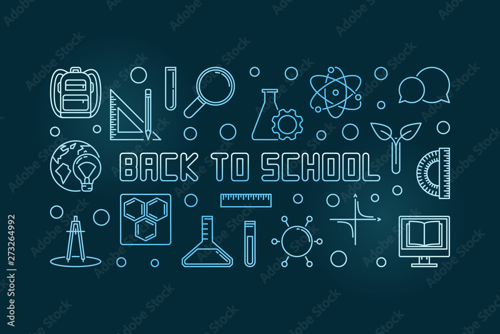 Vector Back to School blue concept linear horizontal illustration or banner on dark background Vector Back to School blue concept linear horizontal illustration or banner on dark background