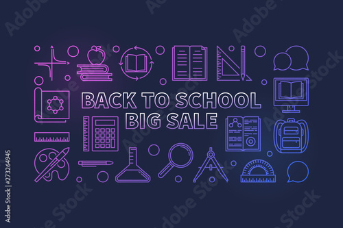 Back to School Big Sale vector colorful linear horizontal illustration or banner on dark background