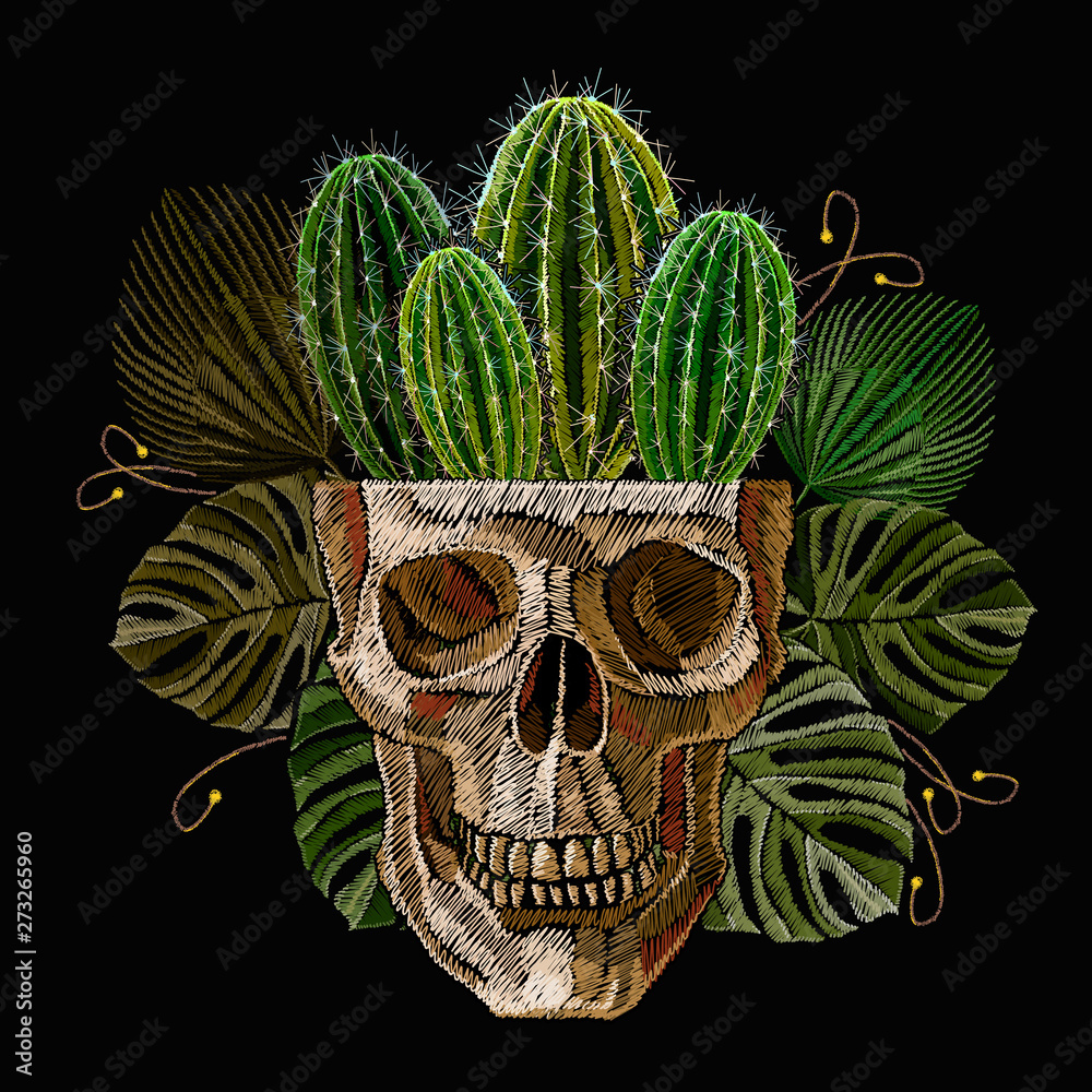 Human skull, cactus and palm leaves. Embroidery. Ancient treasures 