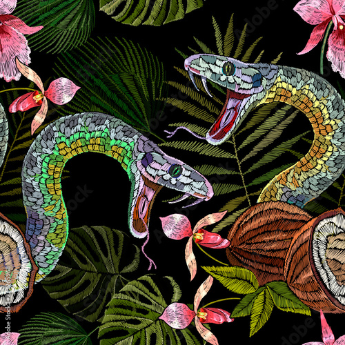 Embroidery snake, coconut and tropical orchid flowers seamless pattern. Summer jungle art. Fashion template for clothes, textiles, t-shirt design