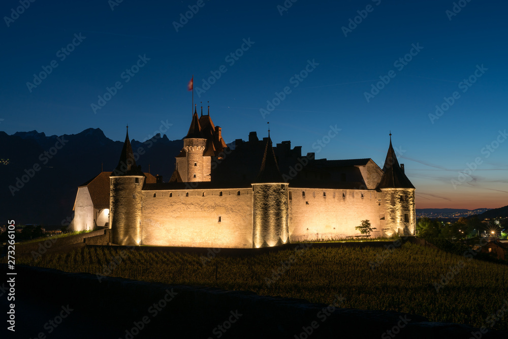 the historic castle at Aigle in the Swiss canton of Vaud at night