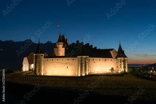 the historic castle at Aigle in the Swiss canton of Vaud at night