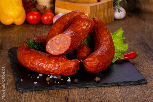 Pork sausages over wooden