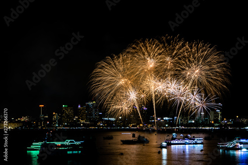 PATTAYA  THAILAND - MAY24  Beautiful lights on the night  colorful fireworks  and International fireworks at Pattaya International Fireworks Festival 2019 on May 24 2019 in Pattaya Thailand.