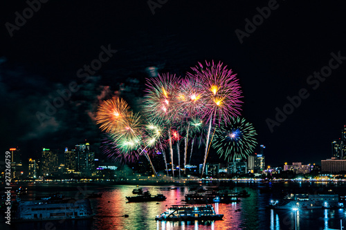 PATTAYA, THAILAND - MAY24: Beautiful lights on the night, colorful fireworks, and International fireworks at Pattaya International Fireworks Festival 2019 on May 24,2019 in Pattaya,Thailand.