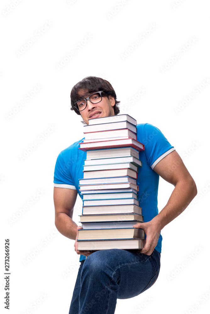 Male student with many books isolated on white Male student with many books isolated on white
