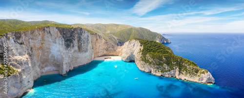 Aerial panoramic view of the famous shipwreck beach at Zakynthos island, Ionian Sea, Greece, with blue and turquoise water