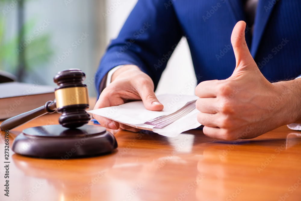 Young male judge sitting in courtroom 