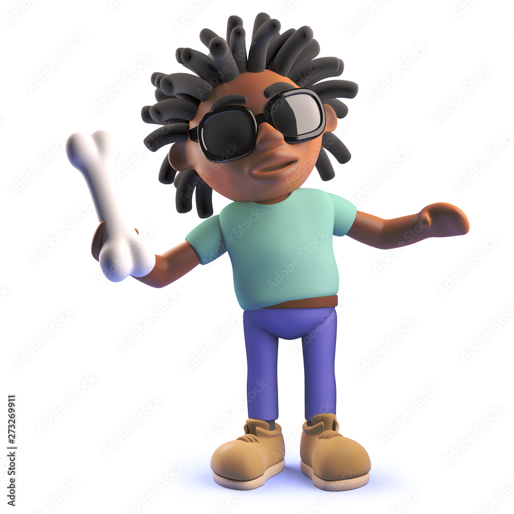 Black man with dreadlocks throwing a bone for his dog, 3d illustration