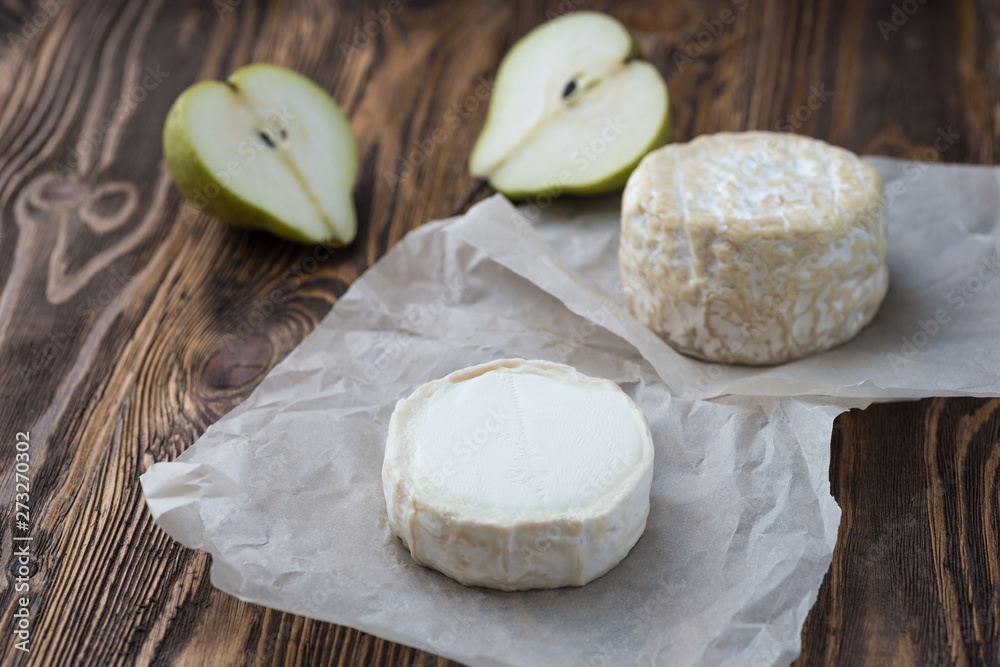 Goat soft cheese with slices of pear, Healthy snack cheese Goat soft cheese with slices of pear, Healthy snack cheese