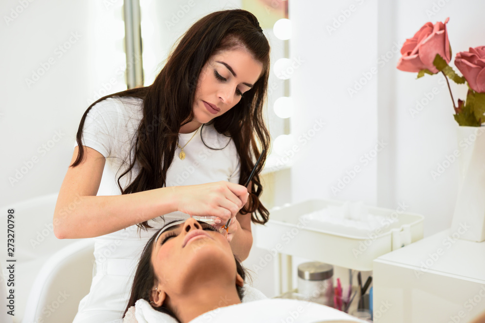 Aesthetics applying a mask to the face of a beautiful woman Aesthetics applying a mask to the face of a beautiful woman
