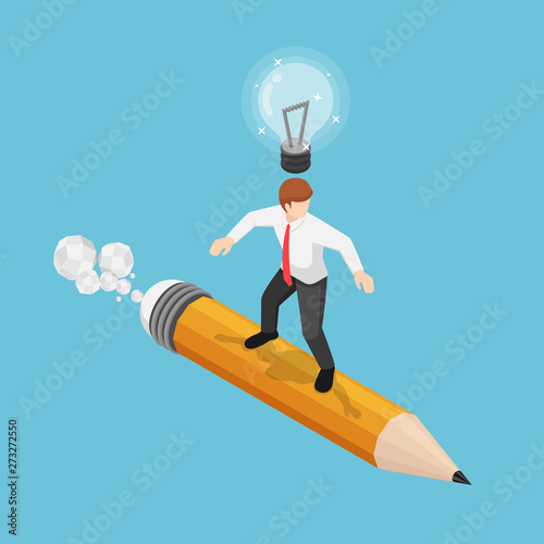 Isometric businessman surfing on pencil with lightbulb over his head
