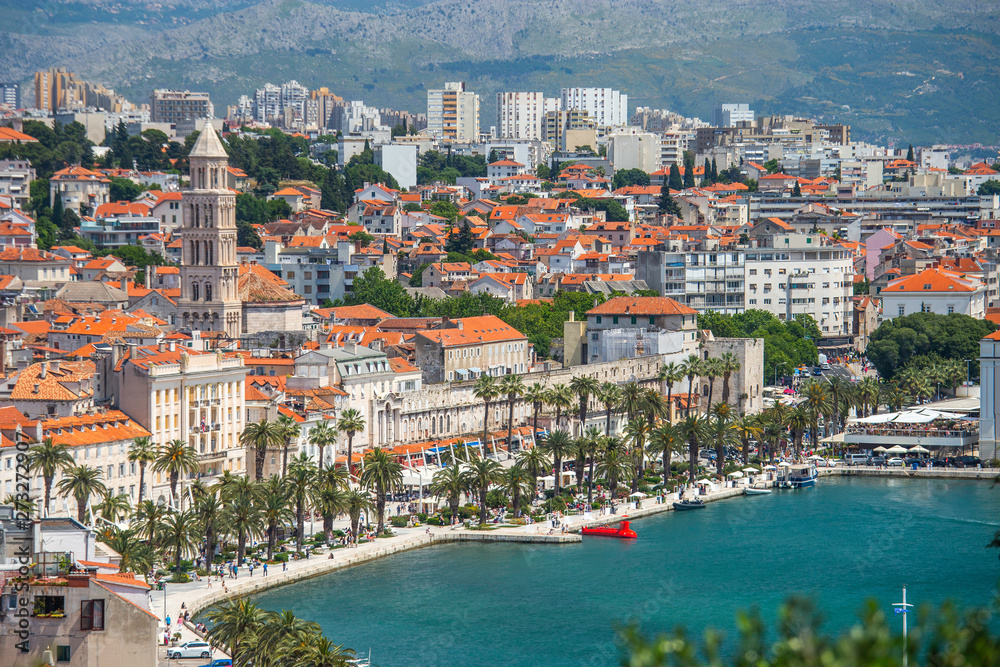 Panorama of the old town of Split in Dalmatia, Croatia. City center, palace of Roman emperor Diocletian and cathedral. Popular tourist destination in Europe.