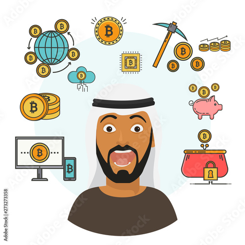 Flat style infographics with scared Arab person, blockchain and financial symbols. Bank bitcoin cryptocurrency vector set golden coins, mining pickaxe, crypto wallet and digital account.
