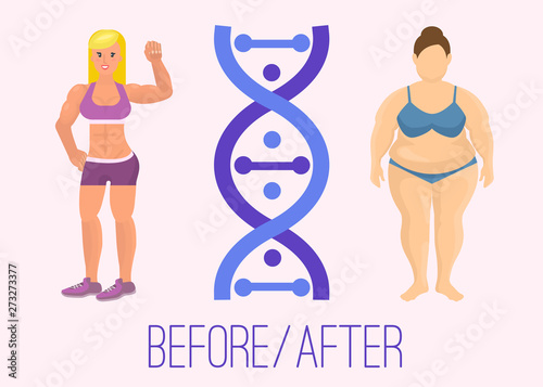 Illustration of a bodybuilder girl before and after and chromosome. From fat to slim and healthy body. Changing lifestyle and body shape in accordance with genotype.