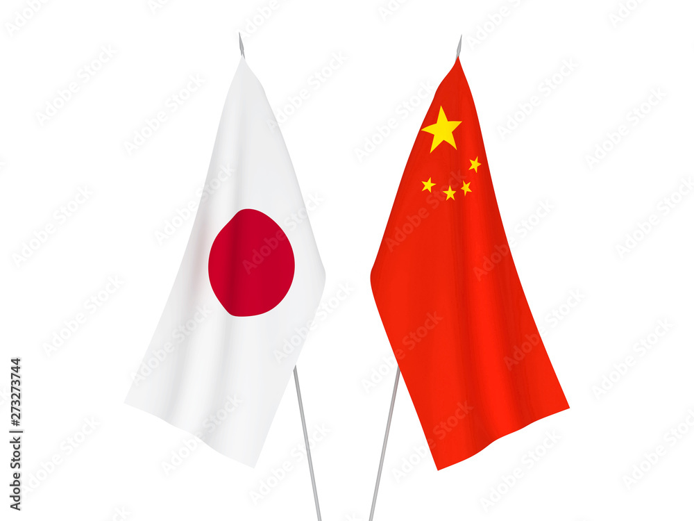 Obraz premium National fabric flags of China and Japan isolated on white background. 3d rendering illustration.