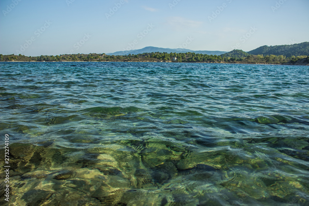 Asian tropic island shoreline beautiful nature scenery landscape photography near Polynesia with wavy water surface foreground and forest waterfront background  