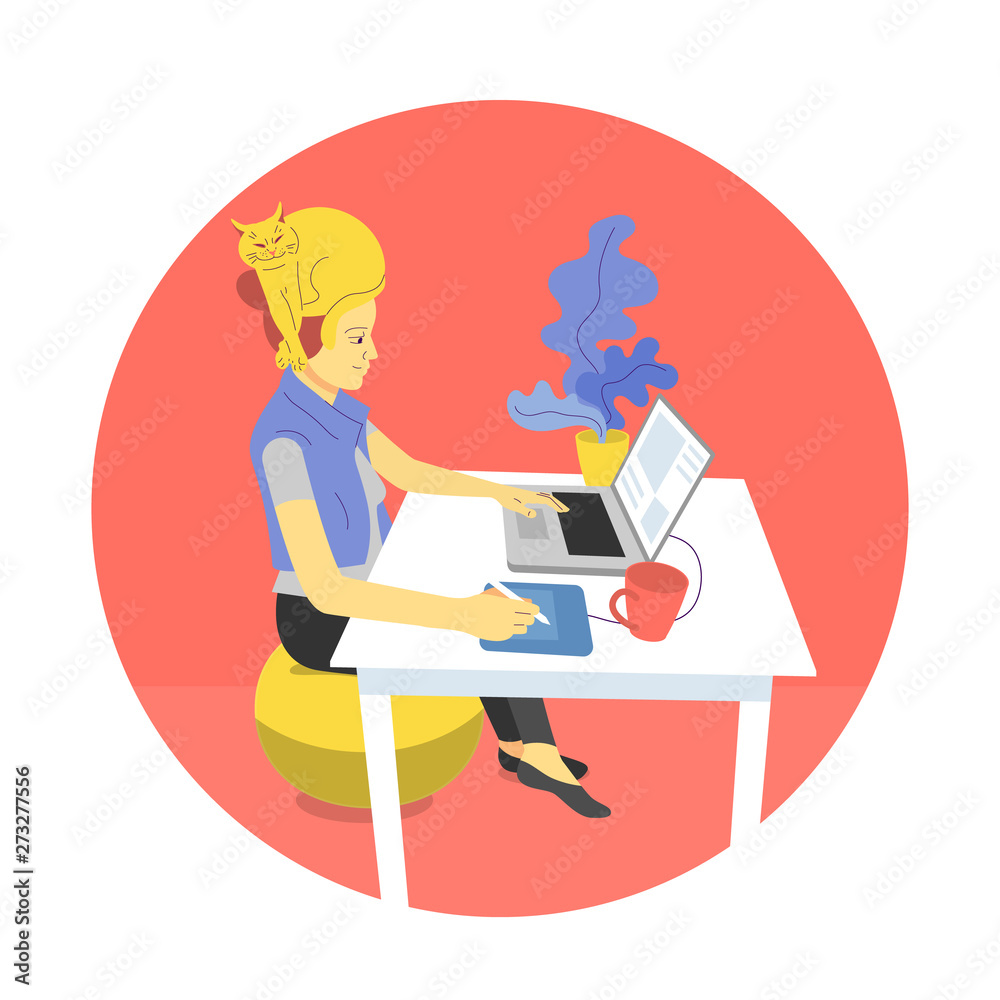 Flat style girl designer is sitting at desk and working with laptop, using graphic tablet Flat style girl designer is sitting at desk and working with laptop, using graphic tablet