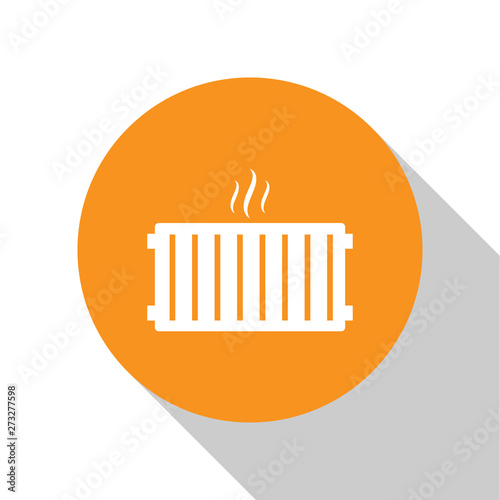 White Heating radiator icon isolated on white background. Orange circle button. Flat design. Vector Illustration
