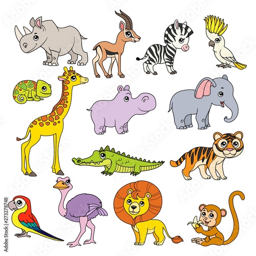 Cute cartoon various African animals set color doodle with black outline on a white background for coloring page