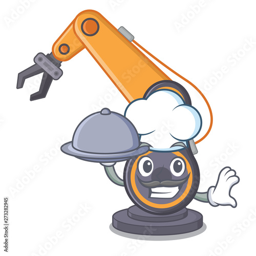 Chef with food industrial robotic hand isolated with cartoon