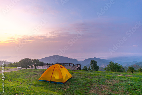 Camping orange tent at Doi Ang Khang National Park in Chiang Mai,Thailand is blessed with a lush green mountains range and various natural attractions such.