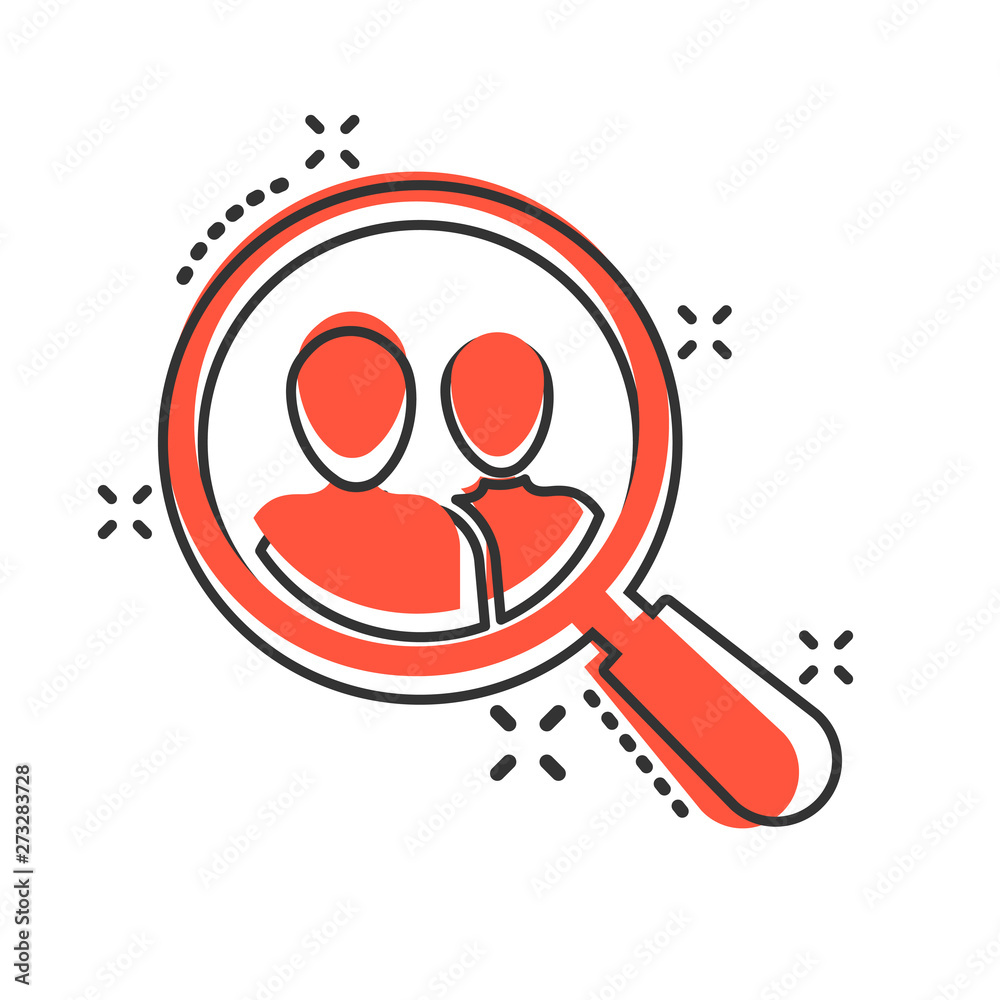 Search job vacancy icon in comic style. Loupe career vector cartoon illustration on white isolated background. Find vacancy business concept splash effect. Search job vacancy icon in comic style. Loupe career vector cartoon illustration on white isolated background. Find vacancy business concept splash effect.
