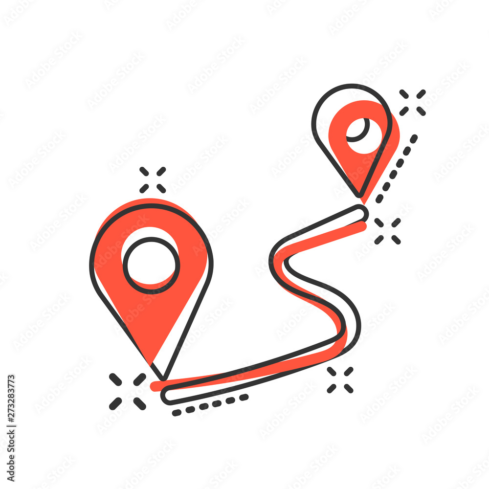 Distance pin icon in comic style. Gps navigation vector cartoon illustration on white isolated background. Communication travel business concept splash effect. Distance pin icon in comic style. Gps navigation vector cartoon illustration on white isolated background. Communication travel business concept splash effect.