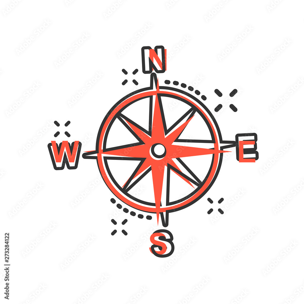Obraz premium Global navigation icon in comic style. Compass gps vector cartoon illustration on white isolated background. Location discovery business concept splash effect.