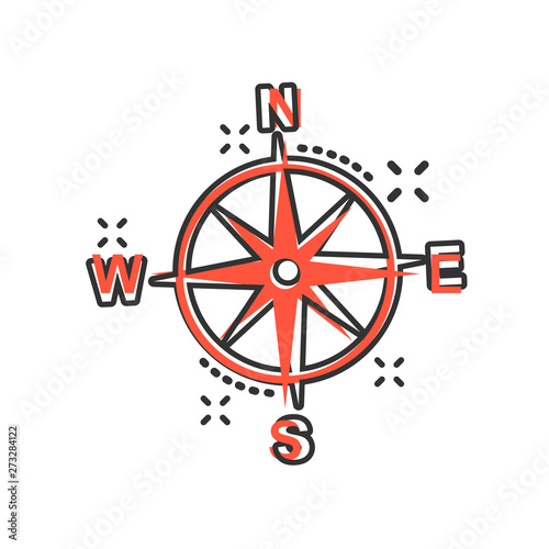 Global navigation icon in comic style. Compass gps vector cartoon illustration on white isolated background. Location discovery business concept splash effect.