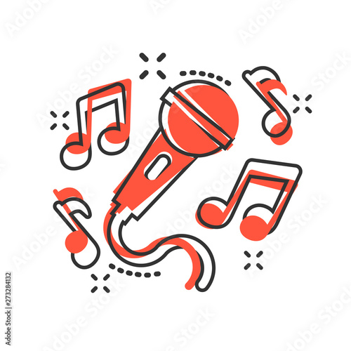 Karaoke music icon in comic style. Microphone speech vector cartoon illustration on white isolated background. Audio equipment business concept splash effect.