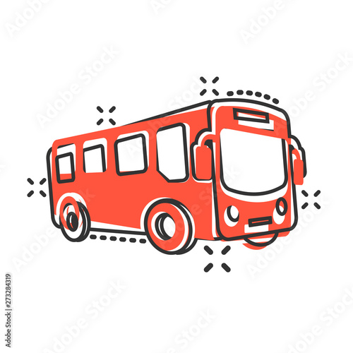School bus icon in comic style. Autobus vector cartoon illustration on white isolated background. Coach transport business concept splash effect.