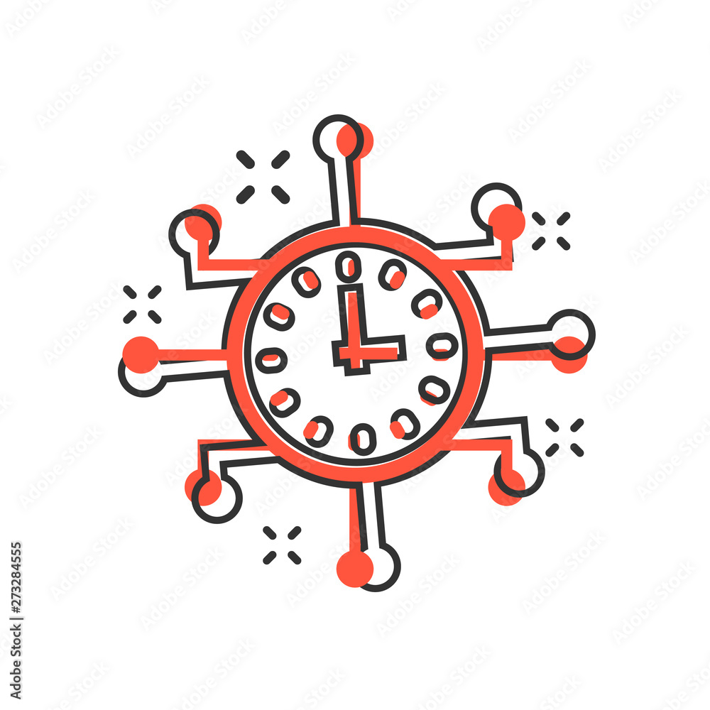Real time icon in comic style. Clock vector cartoon illustration on white isolated background. Watch business concept splash effect. Real time icon in comic style. Clock vector cartoon illustration on white isolated background. Watch business concept splash effect.