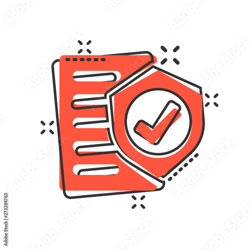 Insurance policy icon in comic style. Report vector cartoon illustration on white isolated background. Document business concept splash effect.