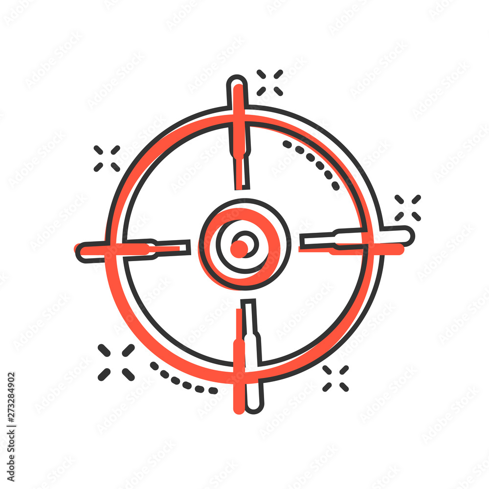 Shooting target vector icon in comic style. Aim sniper symbol cartoon illustration on white background. Target aim business concept splash effect. Shooting target vector icon in comic style. Aim sniper symbol cartoon illustration on white background. Target aim business concept splash effect.