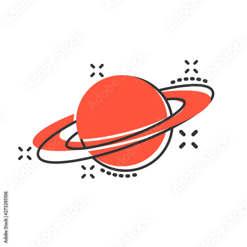 Saturn icon in comic style. Planet vector cartoon illustration on white isolated background. Galaxy space business concept splash effect.