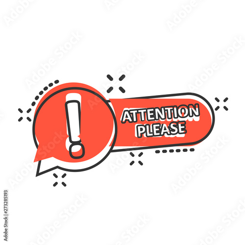 Attention please sign icon in comic style. Warning information vector cartoon illustration on white isolated background. Exclamation business concept splash effect.