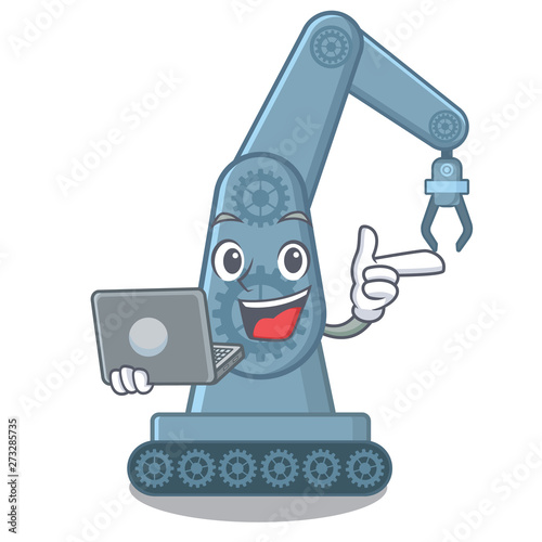 With laptop mechatronic robotic arm isolated on character