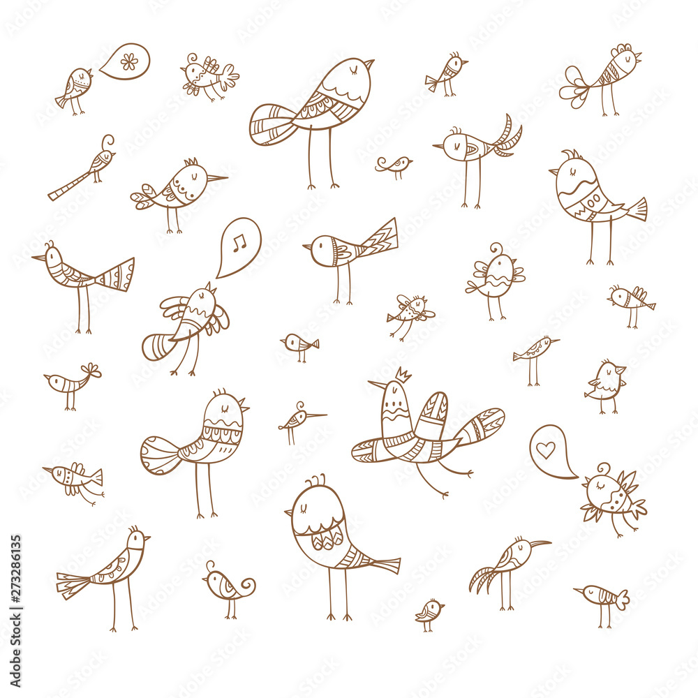 Obraz Cartoon birds set. Funny animals collection. Doodle style. Vector contour image no fill.