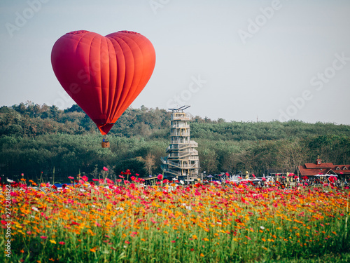 Photography Red hot air balloon in the shape of a heart over cosmos flower field