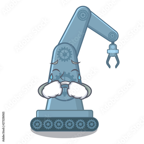 Crying mechatronic robot arm above cartoon table