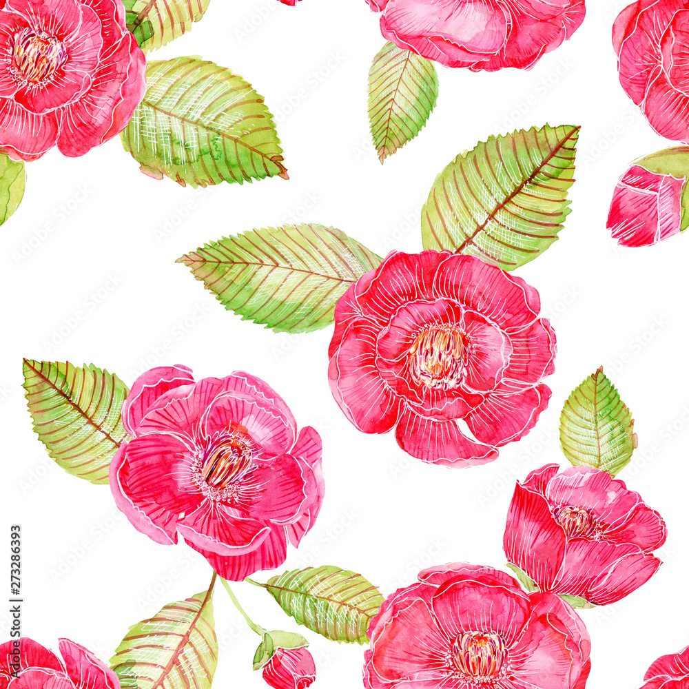 Fototapeta premium Watercolor pink red sweet Camelia japan flower isolated frame border on white background for card wallpaper invitation