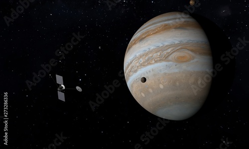 Jupiter and spaceship. Astronomy and science concept. Space theme. 3d Illustration.