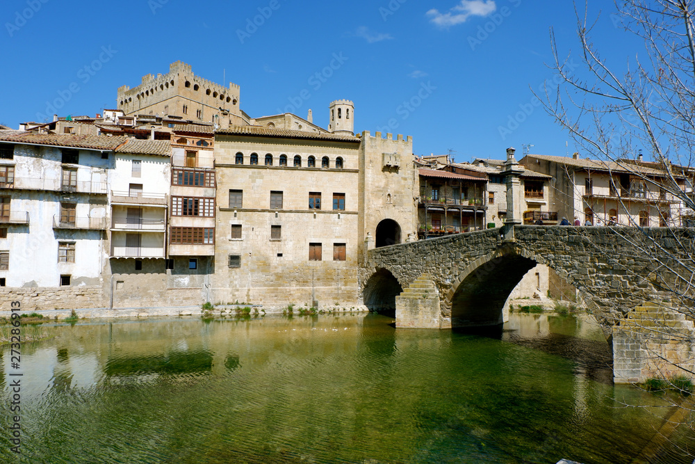 View of the river Mataranya, the bridge and the entrance to the city of Valderrobres, province of Teruel, Aragon.