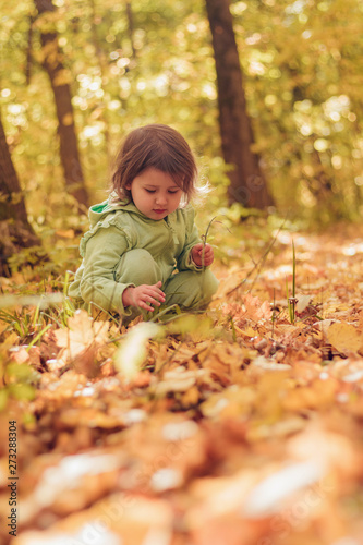 A child in a tracksuit sits and plays merrily with yellow leaves in the forest  open air  day  portrait