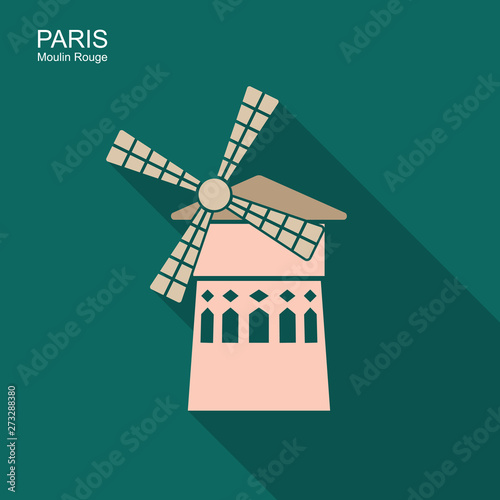 Famous landmark Moulin Rouge Paris France. Vector icon
