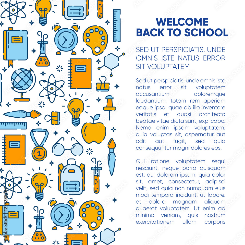 Back to school banner with outline icons of school supplies. Welcome ...